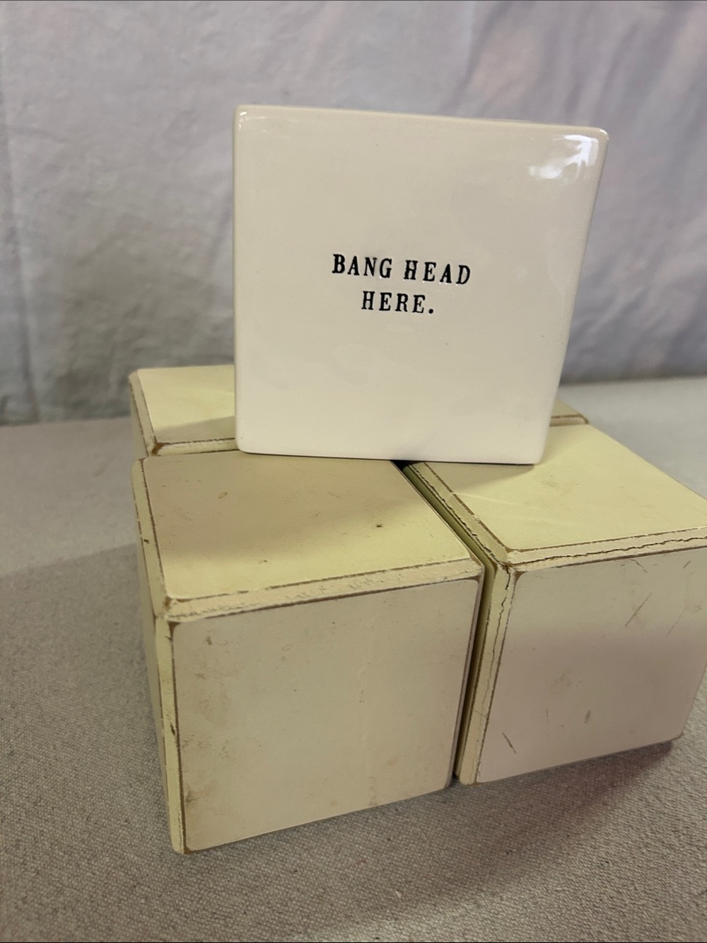 Rae Dunn Cream Ceramic Block Set with Black Lettering